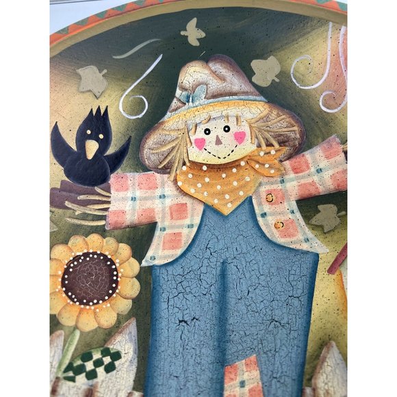 Vintage Scarecrow Bowl Fall Folk Art Crow Farmhouse Hand Painted Wooden Decor - Picture 4 of 16